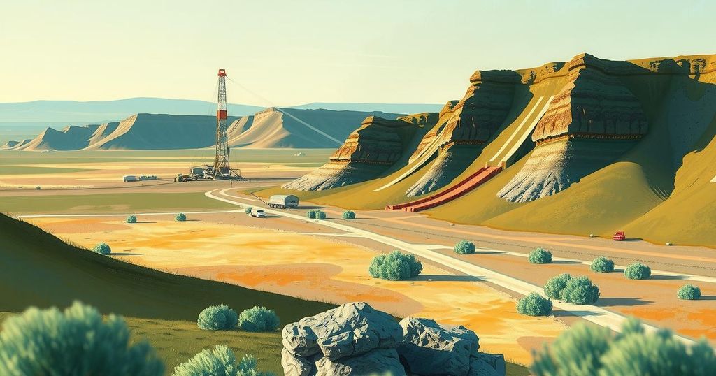 A stylized landscape showing mineral exploration site with green and earth tones representing geology and drilling activity.