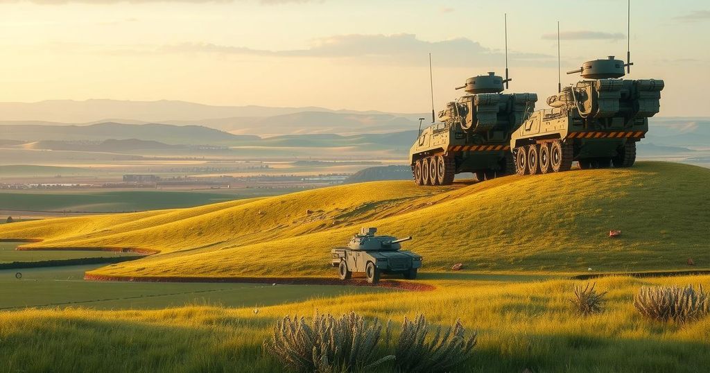 A neutral landscape with military equipment and vehicles in a peaceful setting, emphasizing a blend of nature and machinery.