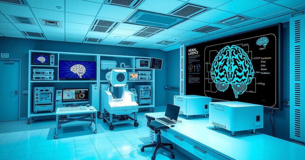 A futuristic brain research lab with advanced technology and scientific equipment in vibrant colors.