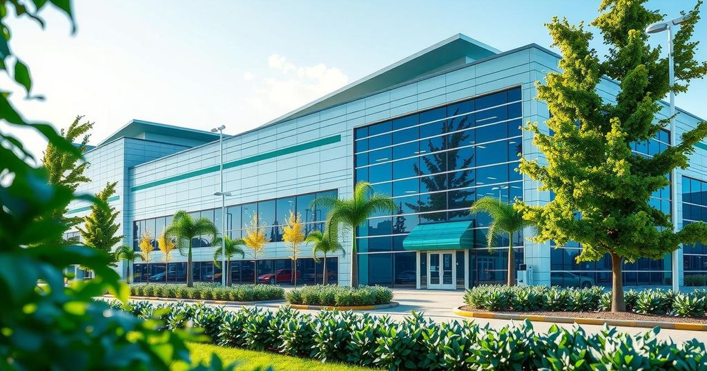 Exterior of a new electric vehicle assembly plant with modern architecture and vibrant greenery in Brazil.