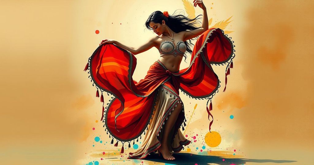 A vibrant and colorful art piece depicting belly dancing elements with a Middle Eastern influence, featuring flowing fabrics.