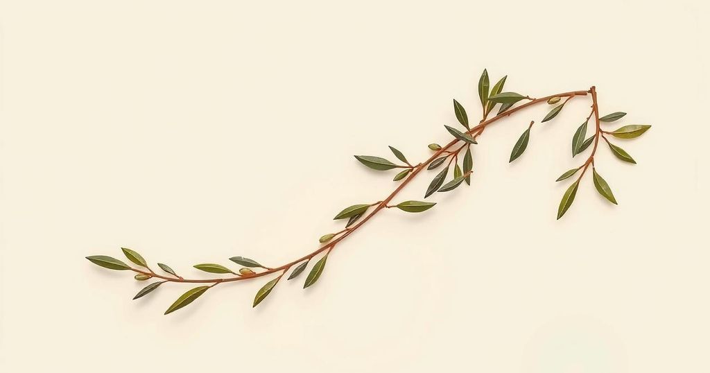 Symbolic olive branches representing peace and cooperation between nations against a backdrop of subtle, muted colors.