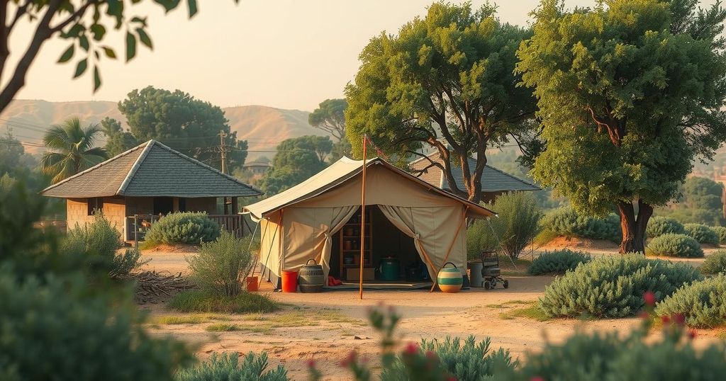 A serene village landscape with a tent, symbolizing community support and grief, set in soft earthy tones.