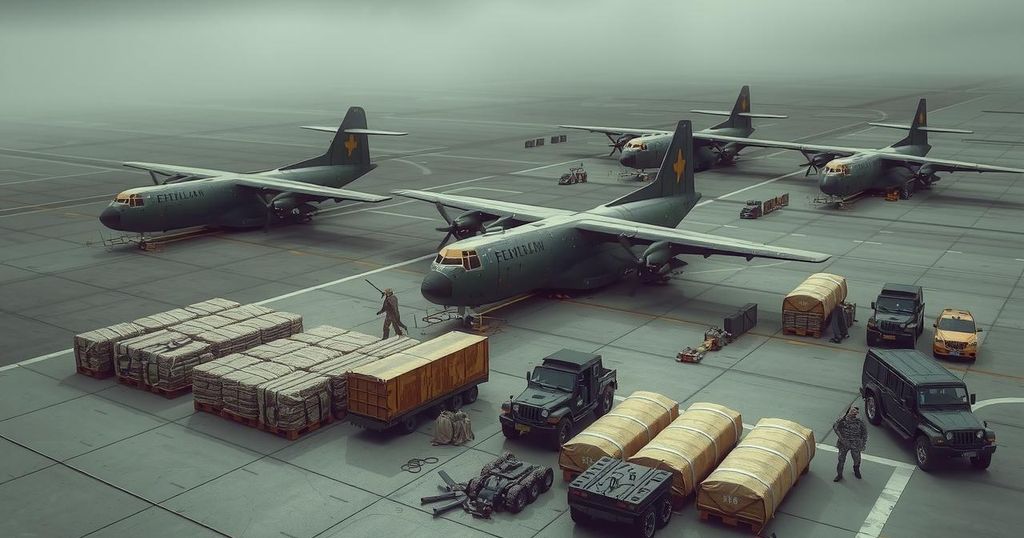 A military scene representing troop deployment with transport planes and soldiers' equipment against a muted backdrop.