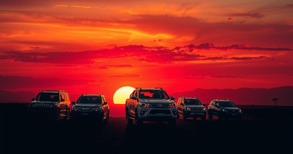 Silhouette of vehicles against a sunset backdrop, representing South Africa's declining auto exports to the U.S. amid tariffs.