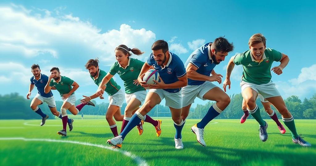 An energetic rugby match scene with players in dynamic action, featuring green fields and blue skies.