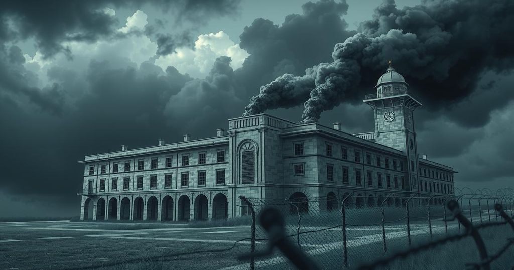 A somber scene of a prison building surrounded by barbed wire and dark clouds, evoking a sense of confinement.