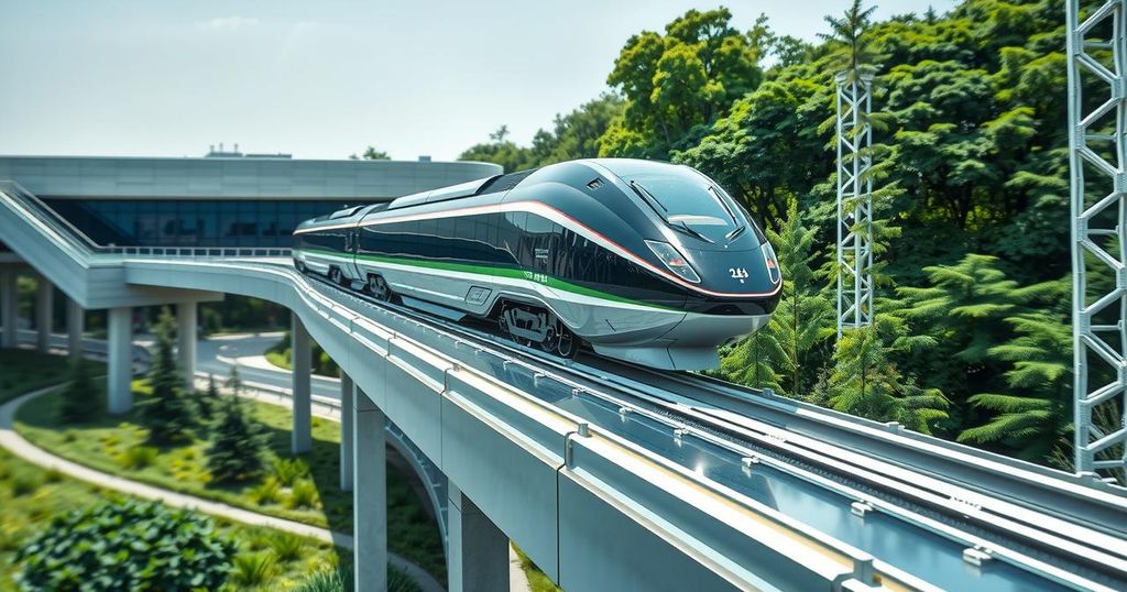 Futuristic maglev train concept on a sleek elevated track, showcasing cutting-edge technology and vibrant colors.