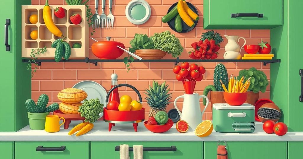 Culinary poster of vibrant kitchen scene with fresh ingredients, colorful dishes, and audio elements representing podcasts.