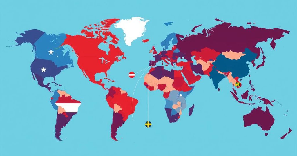 A symbolic representation of international relations, featuring global maps, trade symbols, and caution symbols in blue and red hues.