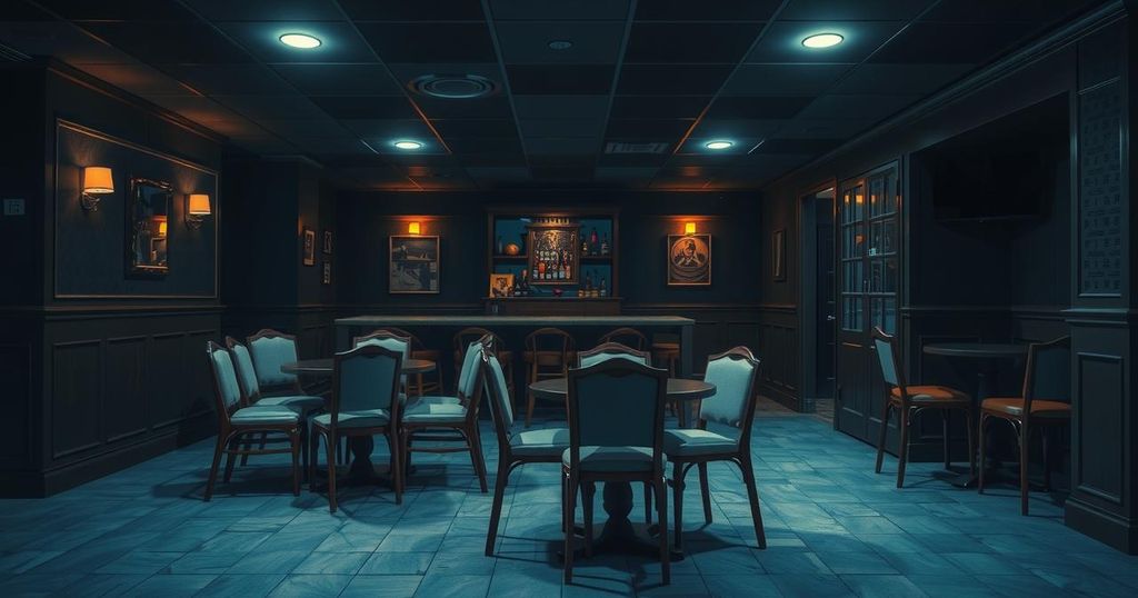 Illustration of a bar scene with empty chairs and dim lighting, reflecting a somber atmosphere in South Africa