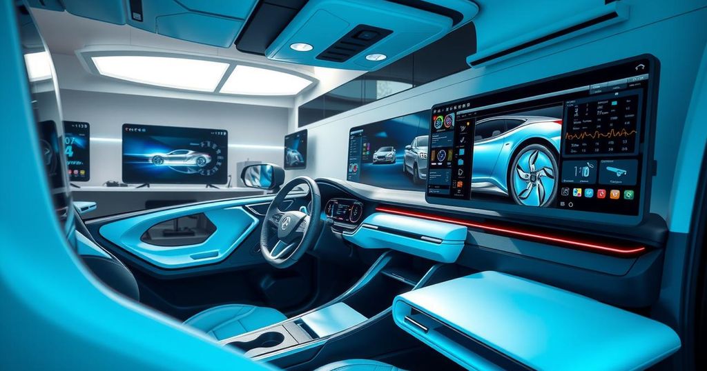A modern electric vehicle under development in a futuristic workshop with digital screens and design tools.