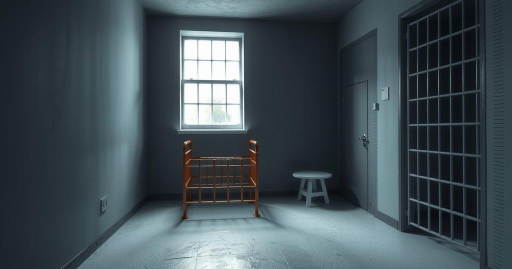 A detention cell in a prison setting, showcasing minimal furniture and stark lighting, emphasizing confinement.