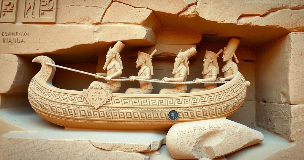 Stone carving of ancient Egyptian kings on a boat depicting historical significance and artistry.