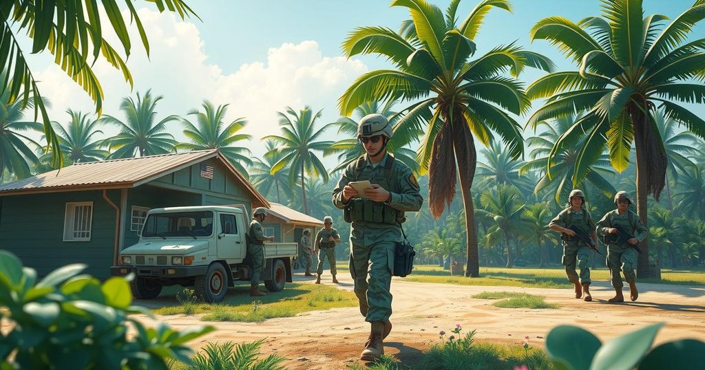 Soldiers engage in health practices, including handwashing, exercise, and health checks in a tropical setting.