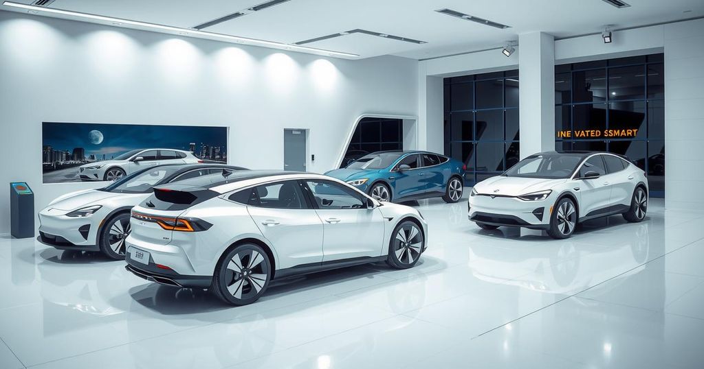 Modern electric vehicles in a showroom setting showcasing innovation and design in smart mobility solutions.
