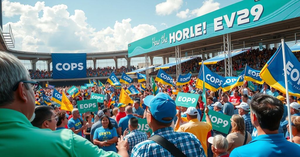 A vibrant political rally scene showcasing flags, banners, and a diverse crowd at a party launch event.