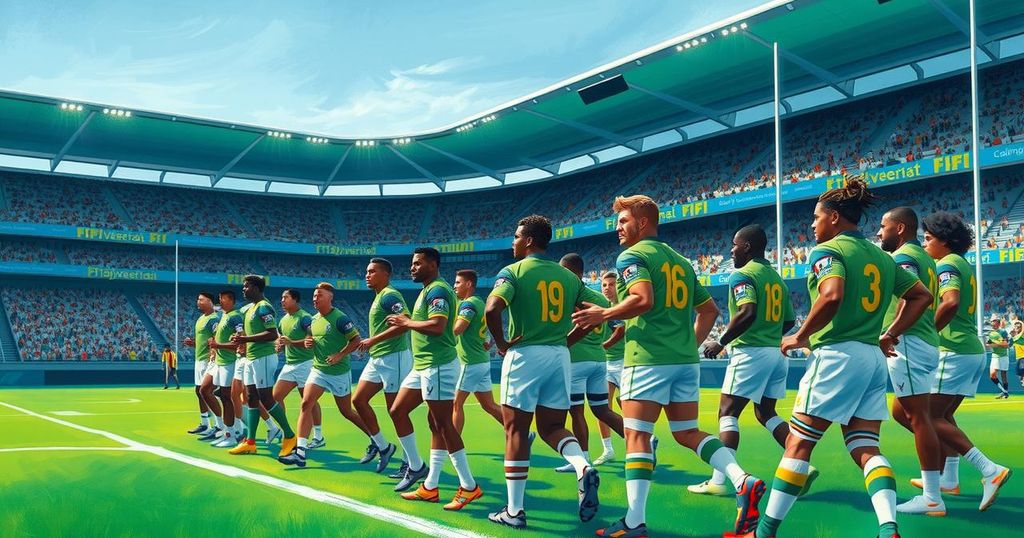 Fiji national rugby team players poised for action in a vibrant stadium setting, showcasing a dynamic team spirit.