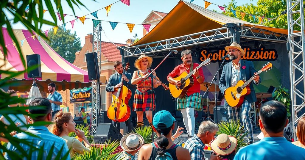 Vancouver Folk Festival scene with vibrant Moroccan, Scottish, and Canadian cultural music performances under a clear sky.