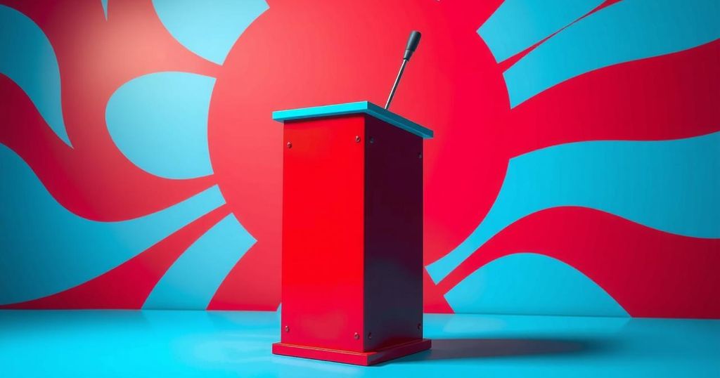 Political discourse symbolized by a soapbox with a bold red and blue color scheme, highlighting debate and communication.