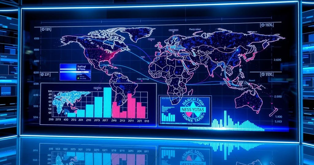 Modern news coverage featuring a digital display with world maps and headlines in a dynamic layout.
