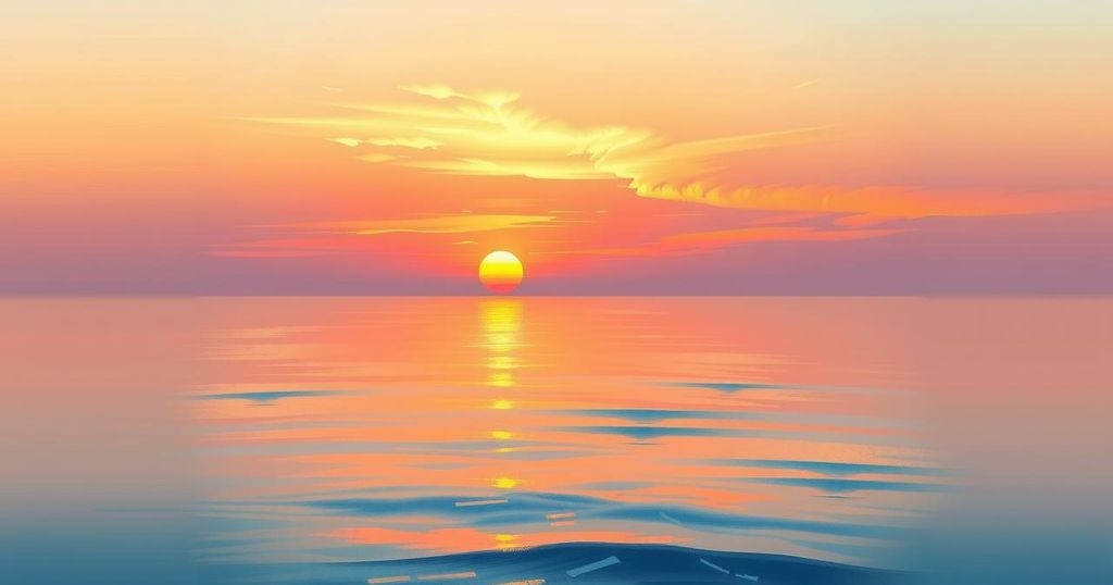 A serene landscape symbolizing loss with a sunset, soft colors, and gentle waves on a calm sea.