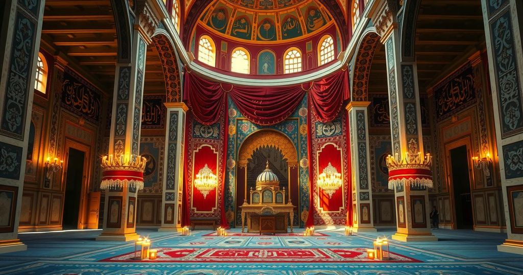 Iranian religious ceremony featuring a mosque and decorative elements representing Ashura, vibrant colors and warm lighting.