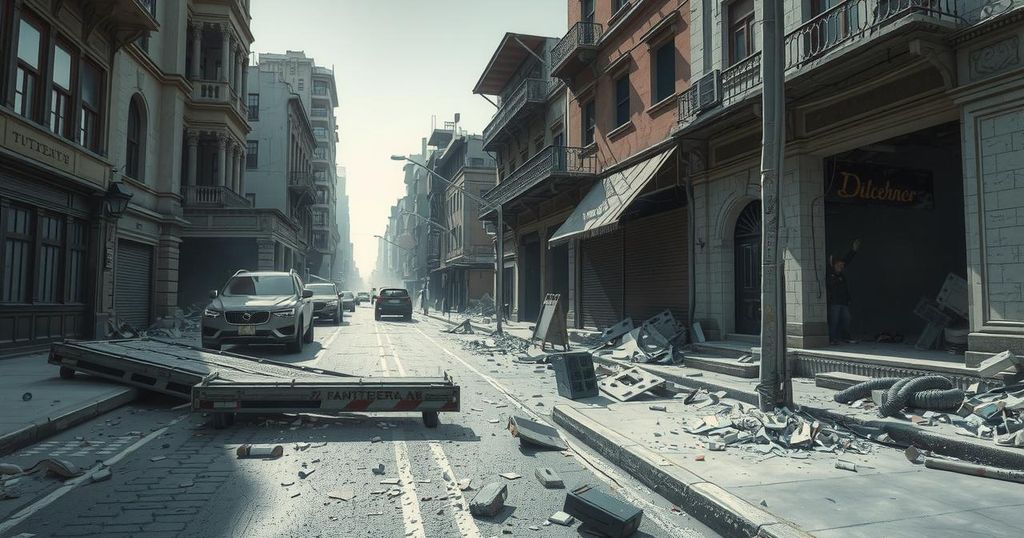 A somber cityscape showing damaged buildings and debris, reflecting the impact of unrest in a stark color palette.
