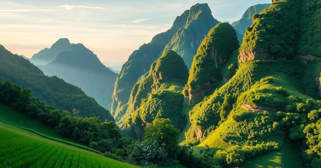 Landscape of lush mountains and vegetation in Laos, symbolizing the nation's stance in geopolitical conflicts