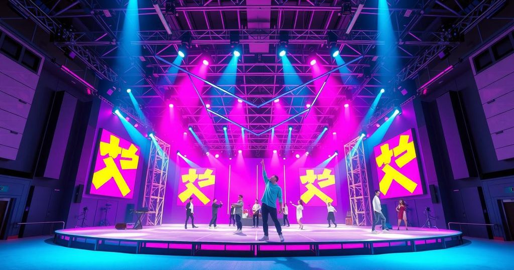 K-pop stars representing North Korea in a vibrant Seoul setting, highlighting dreams and ambitions with dynamic energy.