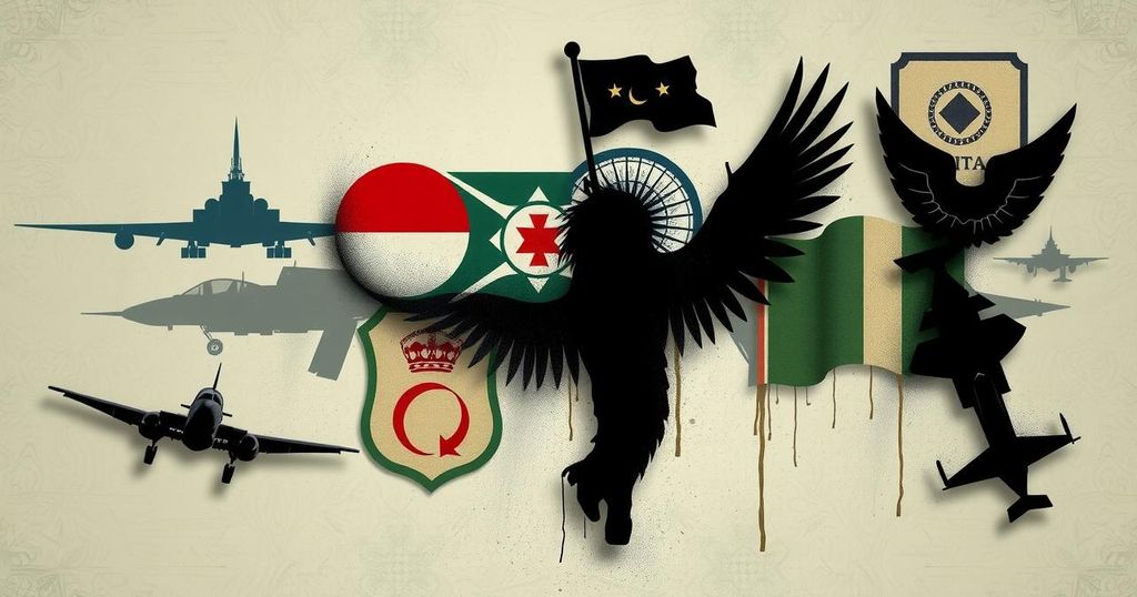 A dynamic representation of geopolitical tensions with abstract symbols of nations and military strategy in muted colors.