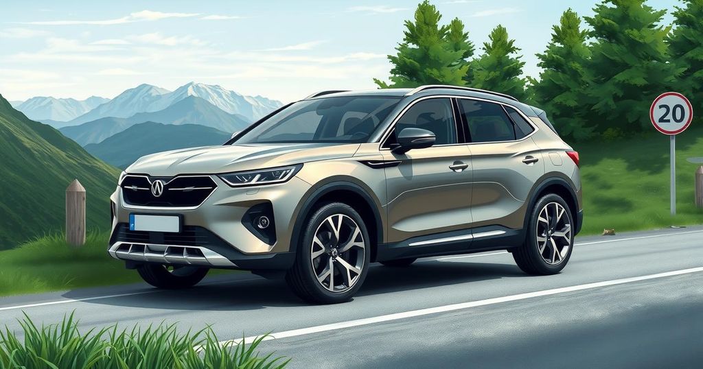 A sleek, modern SUV on a scenic road showcasing its design and features amidst a vibrant landscape.