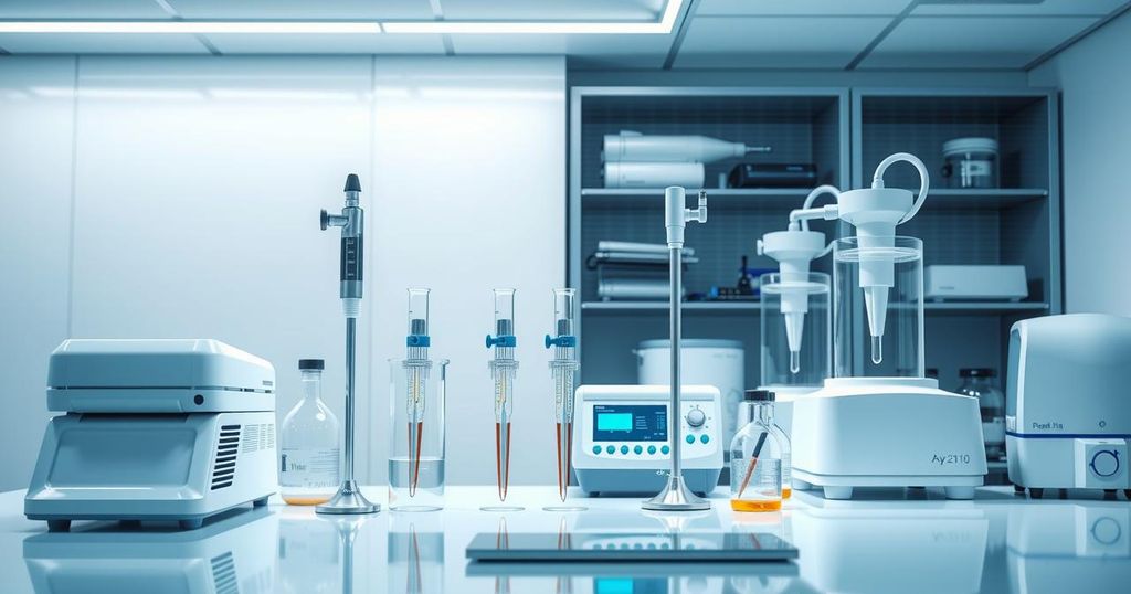 Modern laboratory equipment including pipettes and centrifuges in a professional setting with a clean design.