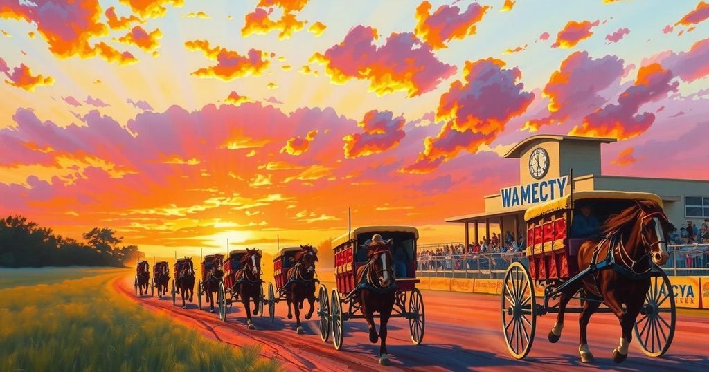 Colorful dusk sky over a racetrack with chuckwagons racing, capturing summer excitement at Ponoka Stampede.