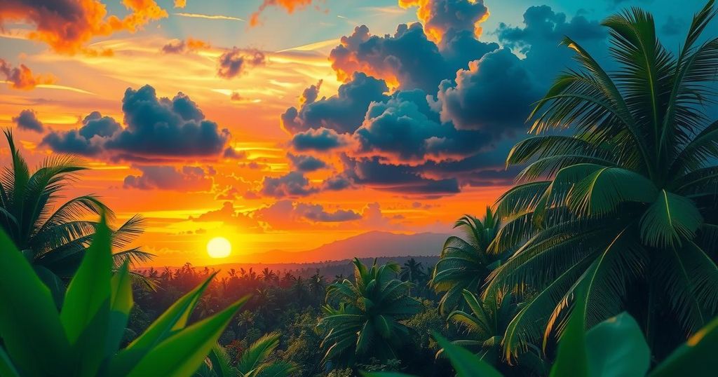 Sunset over a tropical landscape with looming clouds and hints of rain, illustrating impending weather changes.