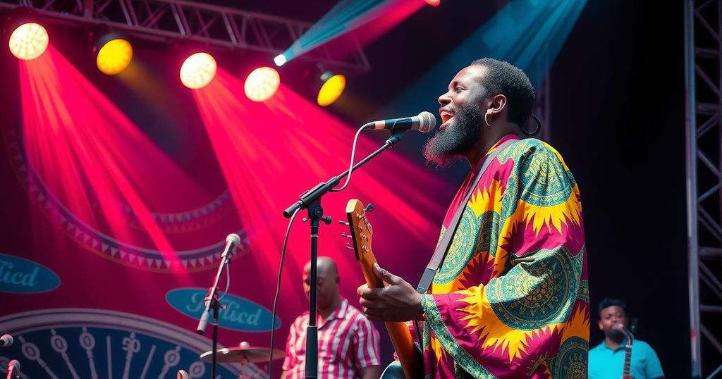 Ghanaian artist KiDi performing in a vibrant, colorful setting, reflecting African music culture and energetic vibes.