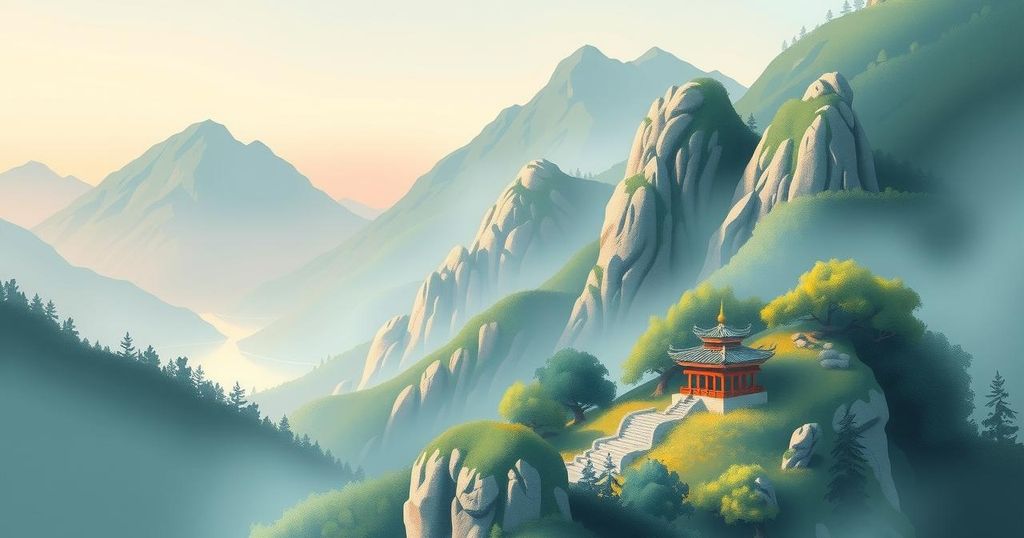 A serene landscape showcasing a holy shrine surrounded by lush green mountains under a misty sky.