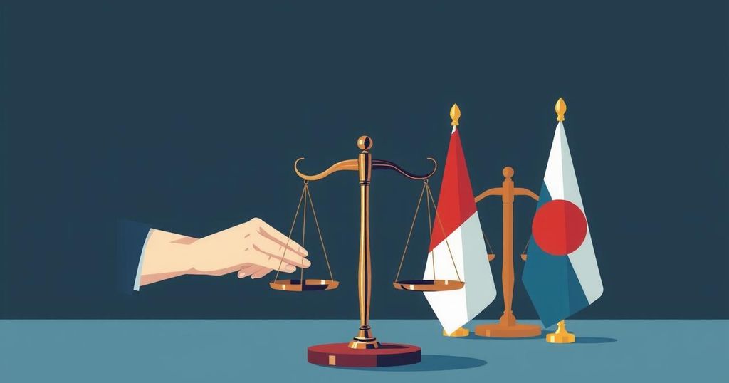 A conceptual illustration of political negotiations, featuring symbols of diplomacy like flags and scales in a somber color scheme.