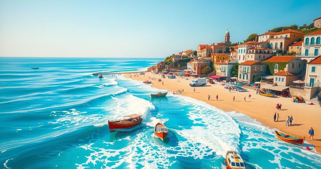 A crowded Mediterranean coastline with boats and waves, symbolizing migration and immigration challenges.