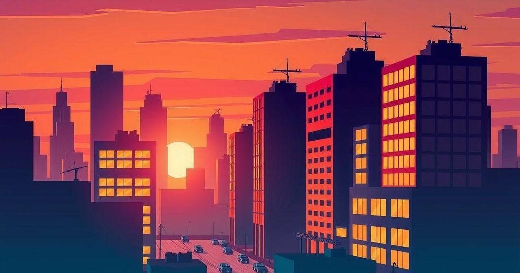 Colorful abstract cityscape with stylized buildings and an arresting sunset, symbolizing a significant law enforcement operation.