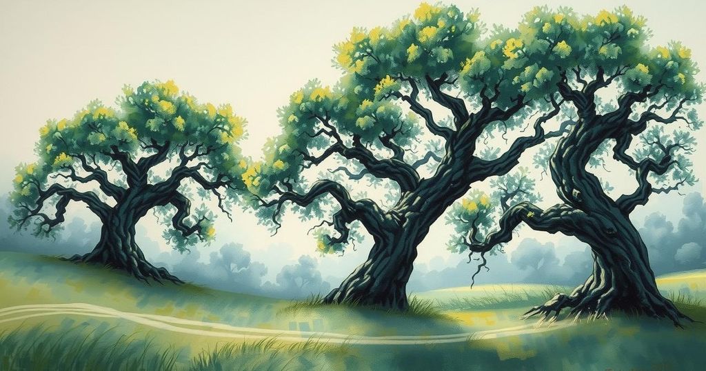 Elderly trees symbolize resilience and longevity in a peaceful landscape with soft hues of green and blue.