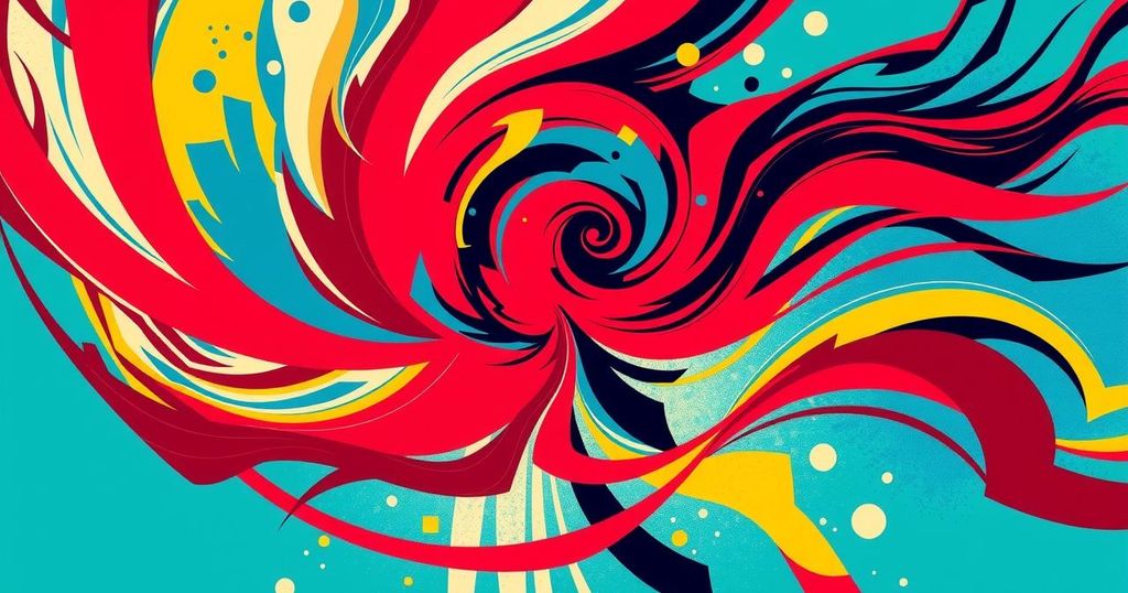 Abstract representation of chaos and unpredictability in world politics, with bold colors and dynamic shapes.