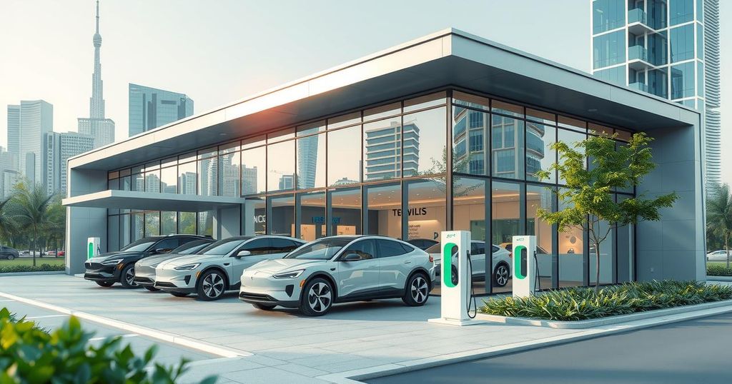 Electric vehicle showrooms in Saudi Arabia with a modern design and green accents, featuring EVs and charging stations.