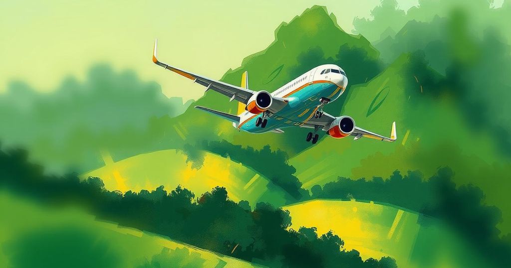 Aerial view of a single airplane flying over a vibrant green landscape representing Eswatini.