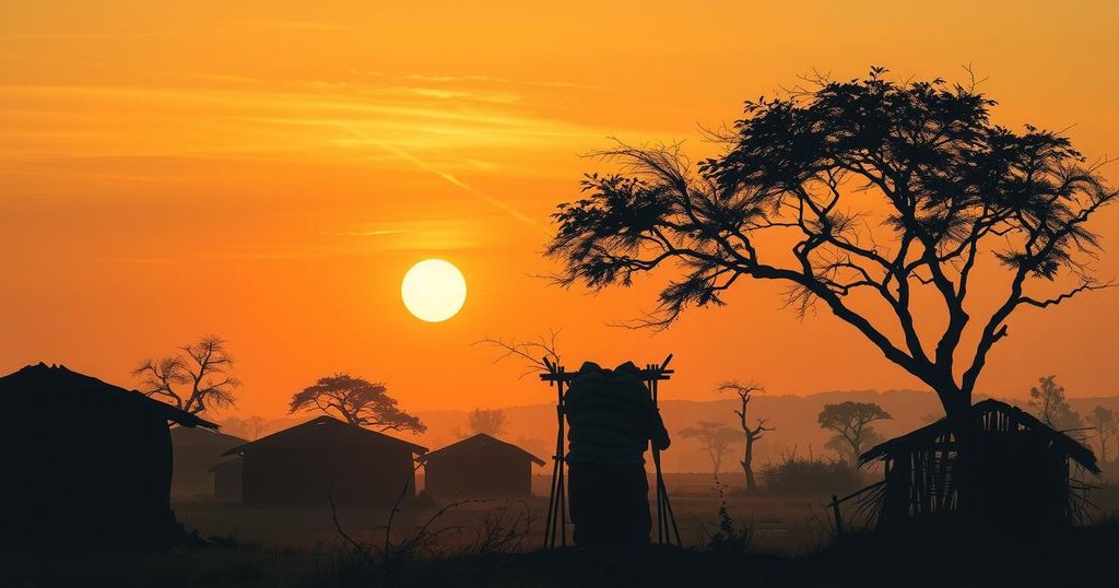 A somber sunset over an informal settlement, with silhouettes of huts and trees, portraying dusk and stillness.
