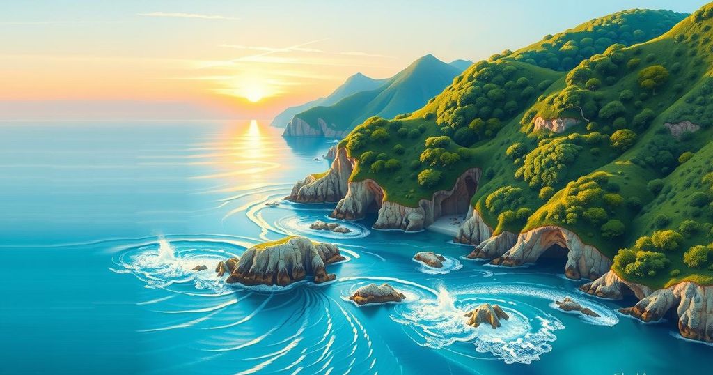 A scenic view of Wonsan's coastal area featuring tranquil waters and lush landscapes.