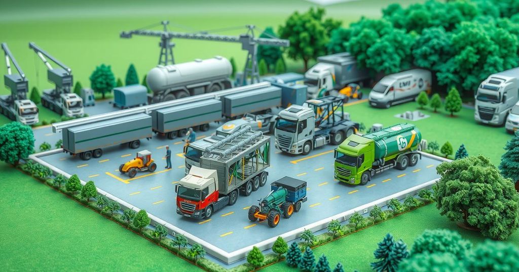A truck assembly plant model with trucks and machinery in a green landscape, symbolizing industrial development and collaboration.