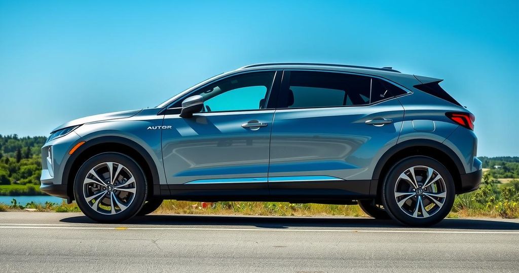 A sleek grey crossover SUV parked on a roadside, with a clear blue sky backdrop, showcasing modern design and color.