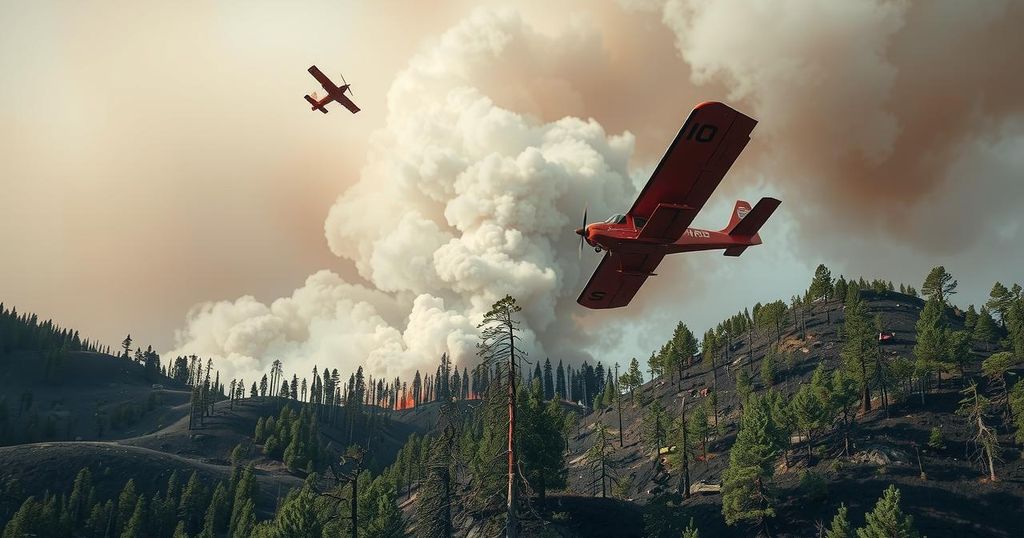 Firefighting aircraft assist with wildfires in a rugged landscape with smoke billowing and burnt trees.