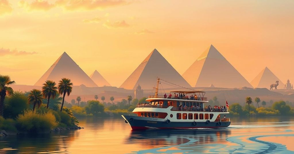 Luxurious cruise on the Nile with Pyramids in distance, showcasing Egypt's rich history and culture in vivid colors.